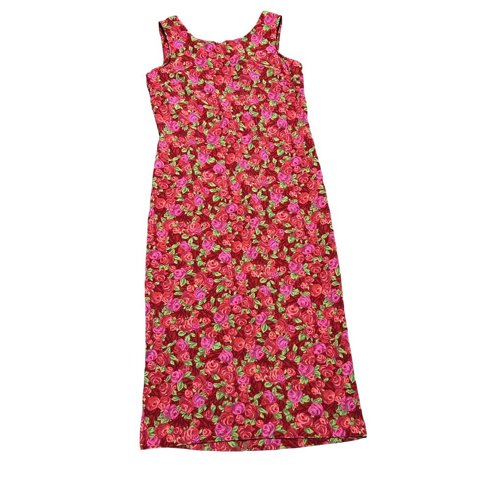 Vtg 80s Floral Maxi Dress Womens Size 16 Red Pink Green Cottage Boho Vacation